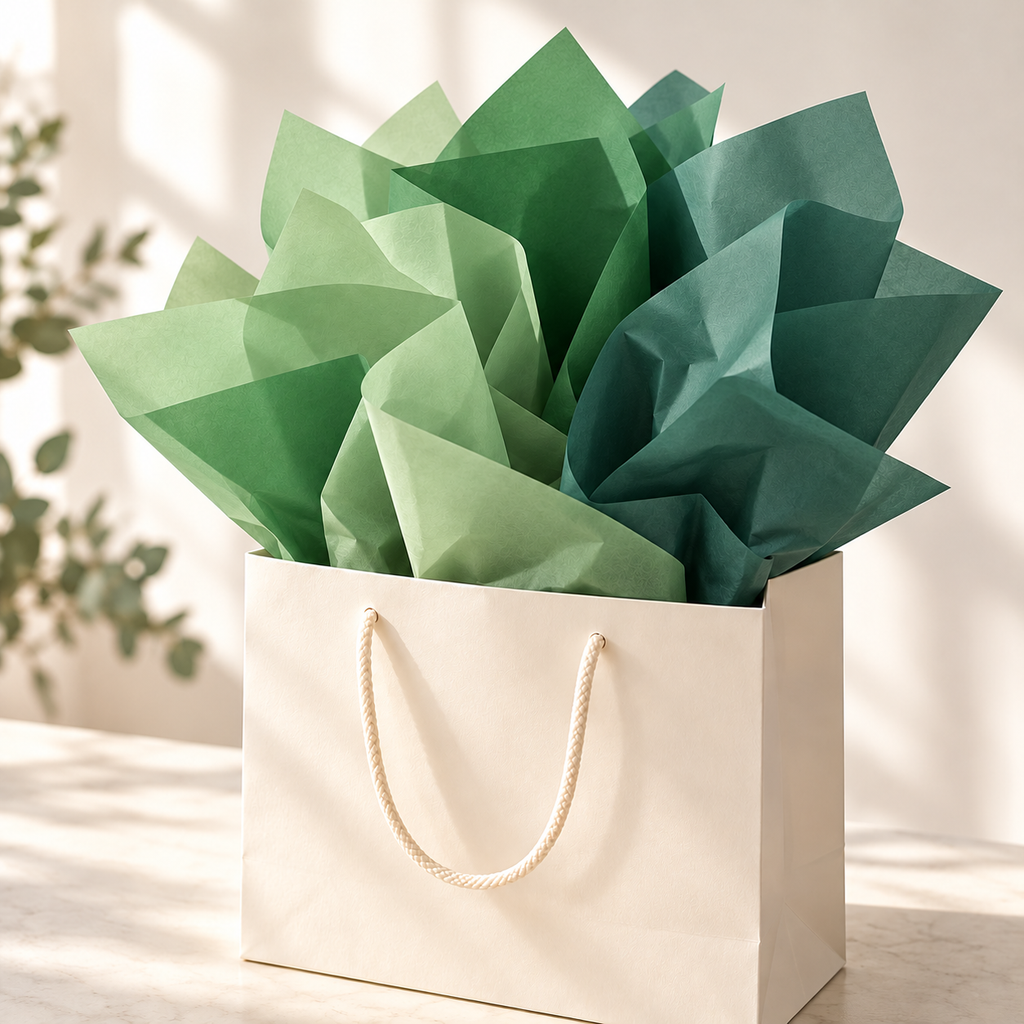 Three-shade green tissue paper sheets — gift-bag filler application. Styling props not included.
