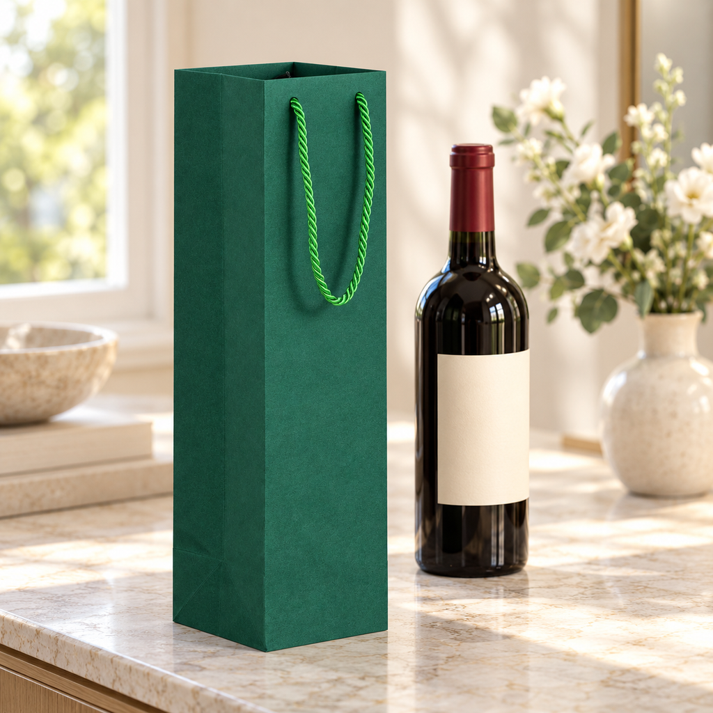 Dark green paper wine gift bag — host gift with separate lower bottle prop. Styling props not included.