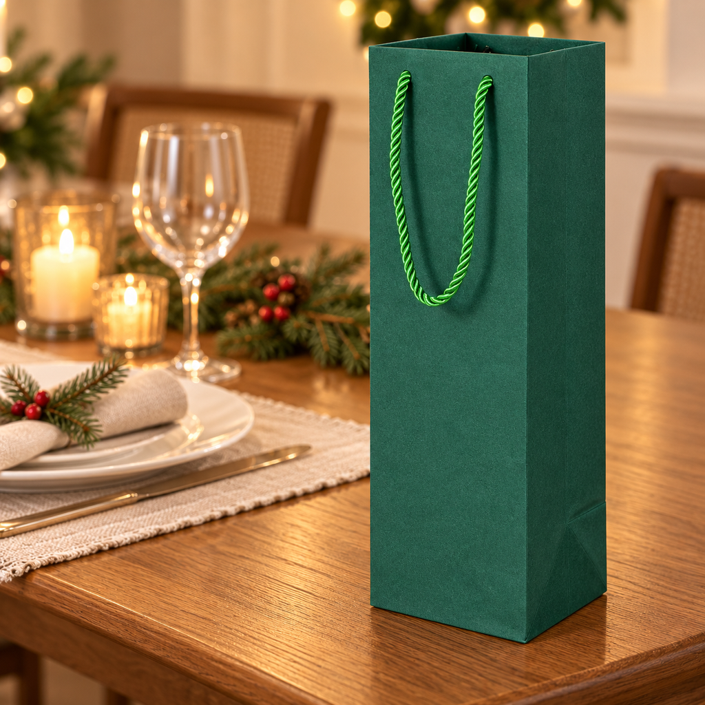 Dark green paper wine gift bag — opposite-side slight angle holiday table. Styling props not included.