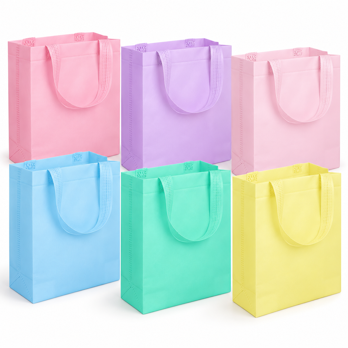 Pastel non-woven gift tote bags — continuous six-color group
