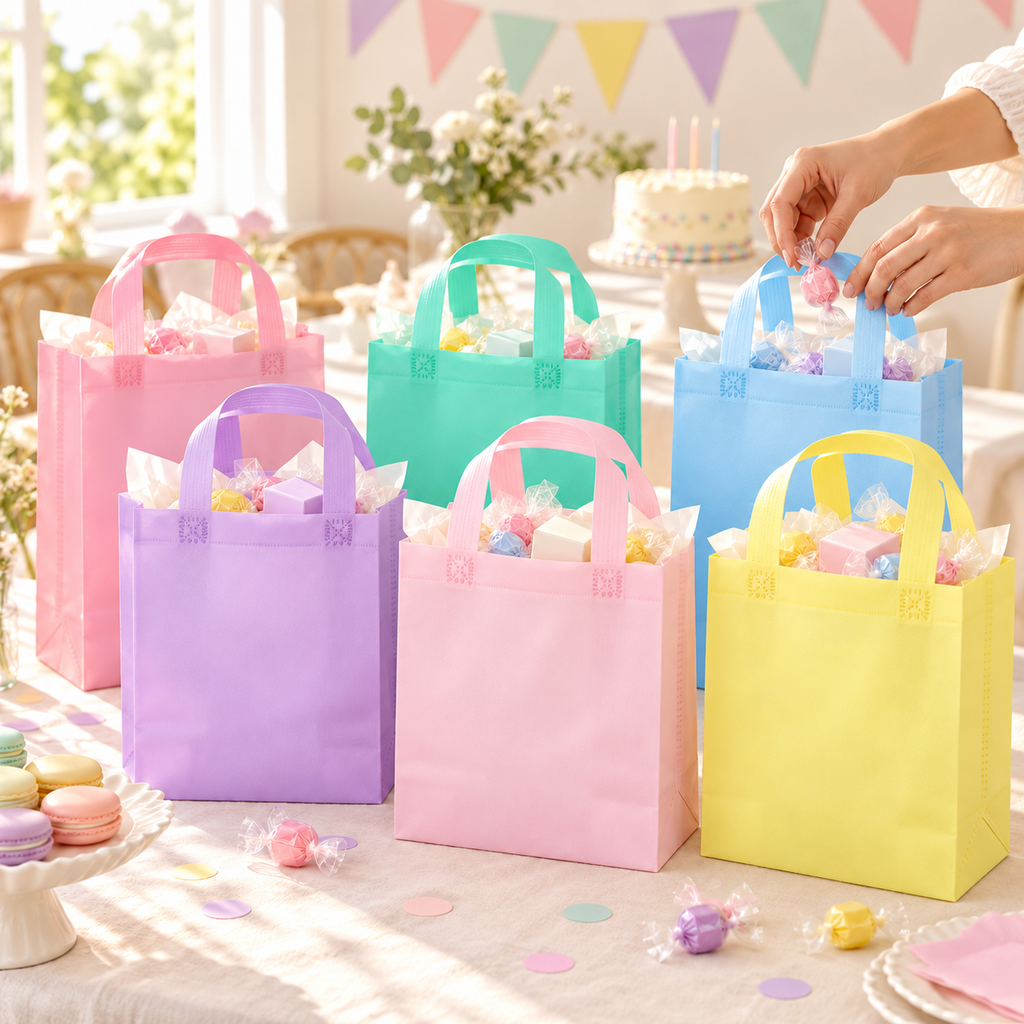 Pastel non-woven gift tote bags — Party favor preparation with sealed candies and closed gift cartons. Styling props not included.