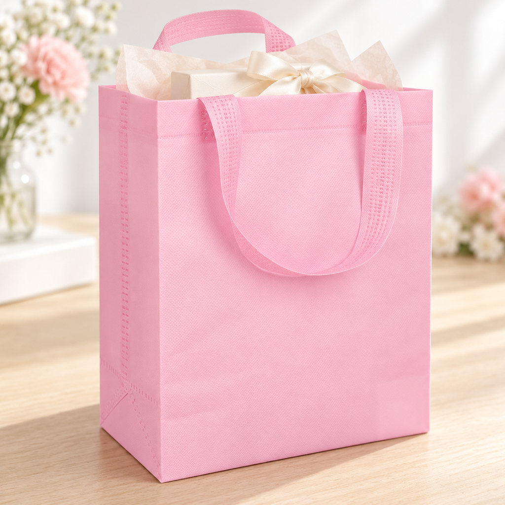 Pastel non-woven gift tote bags — single pink bag gift detail. Styling props not included.