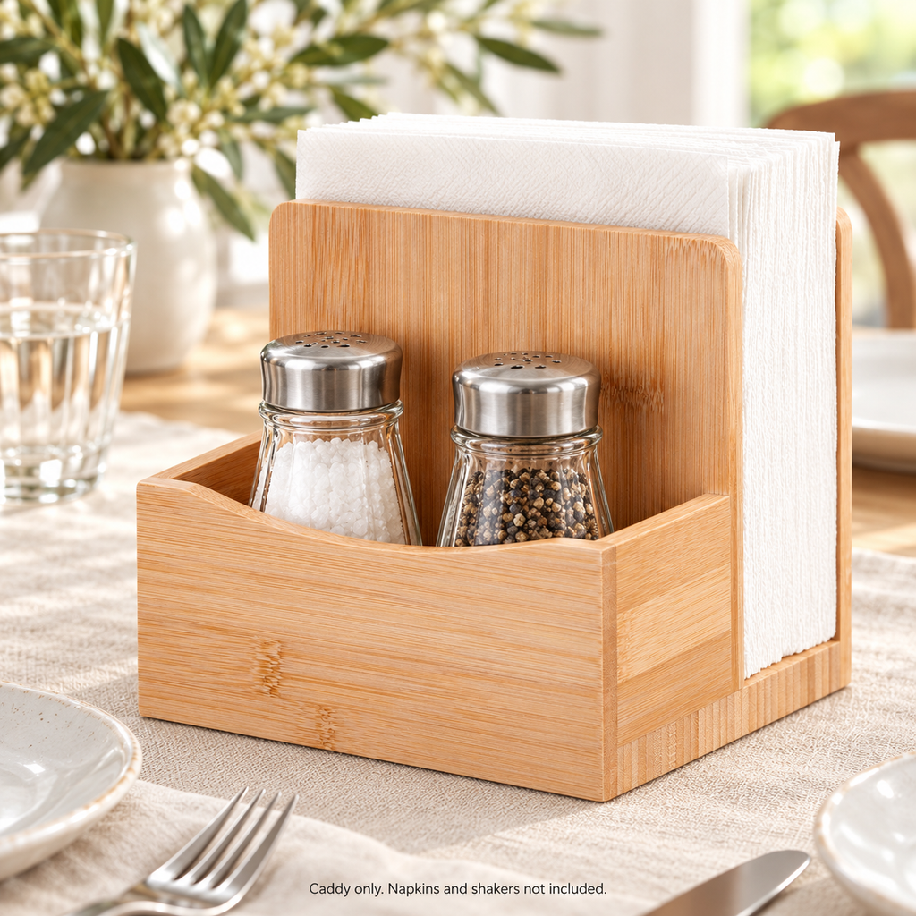Bamboo napkin caddy — dining use with explicit props exclusion. Styling props not included.