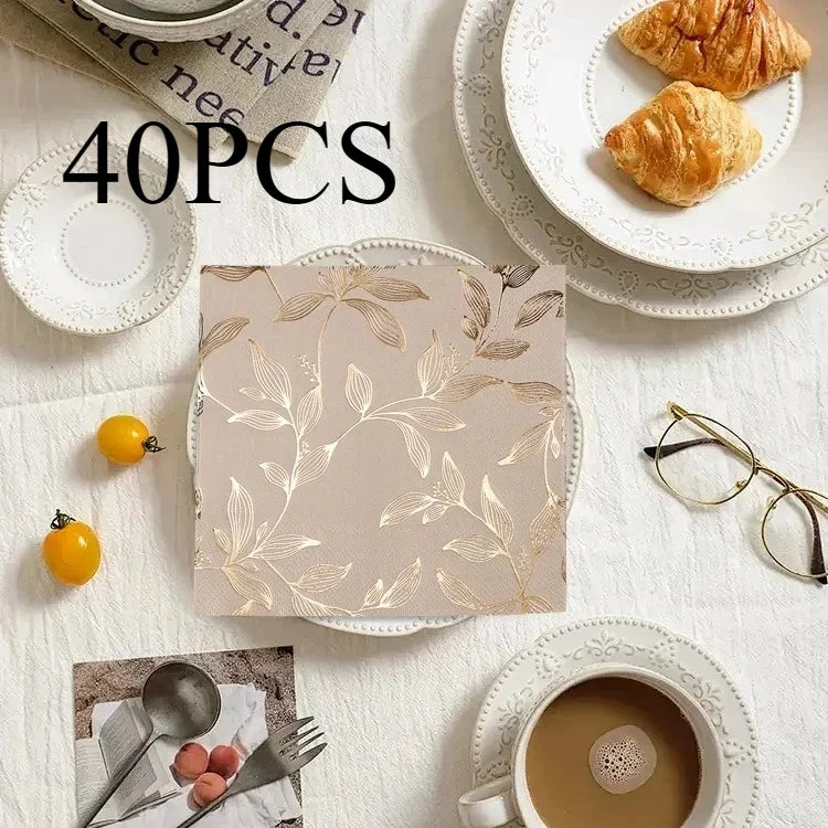 Beige Paper Napkins with Gold Foil Leaf Pattern, 40-Pack