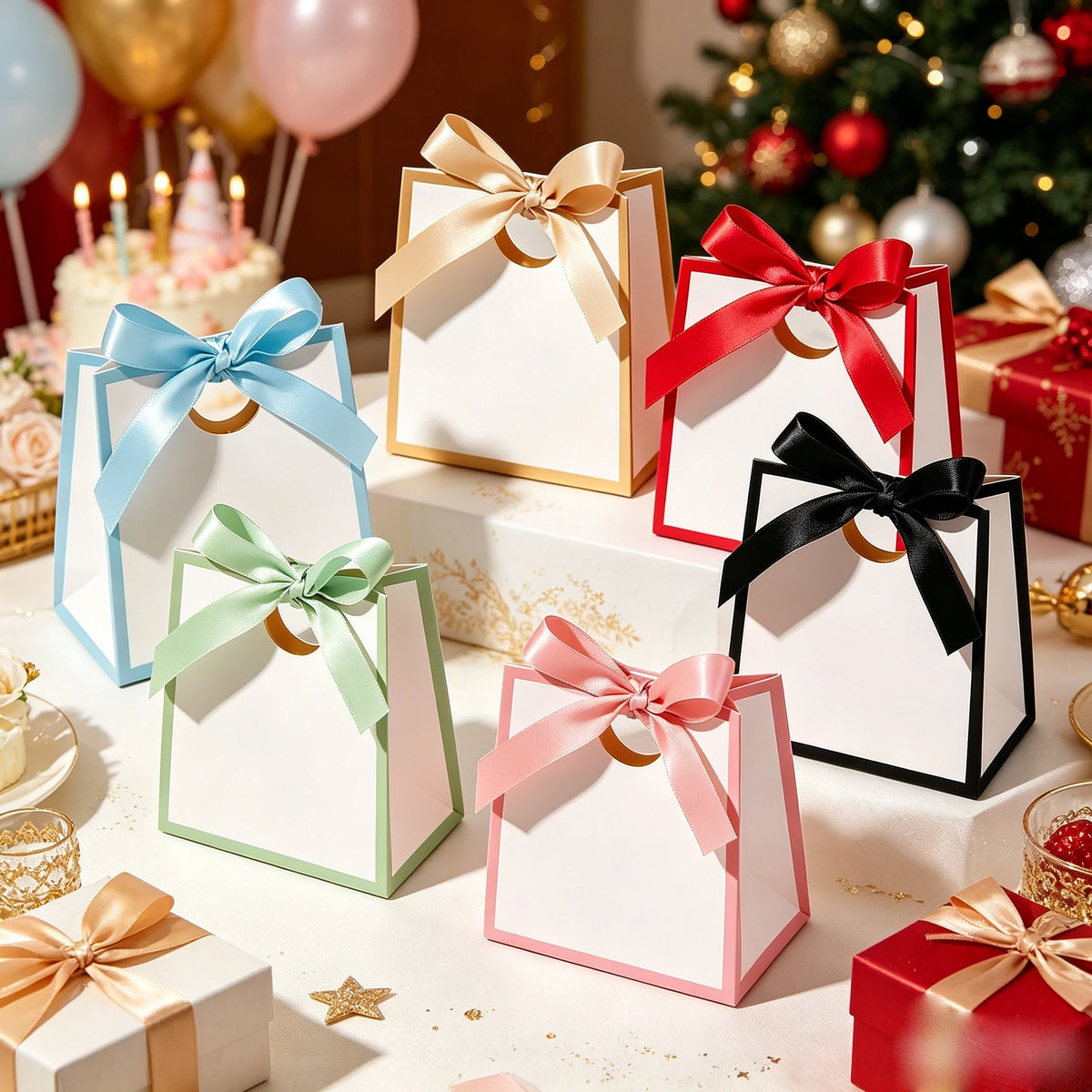 Color-Border Mini Gift Bags with Ribbon Bows, 50-Pack