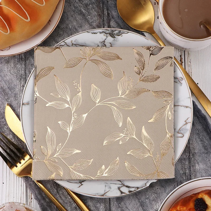 Beige Paper Napkins with Gold Foil Leaf Pattern, 40-Pack