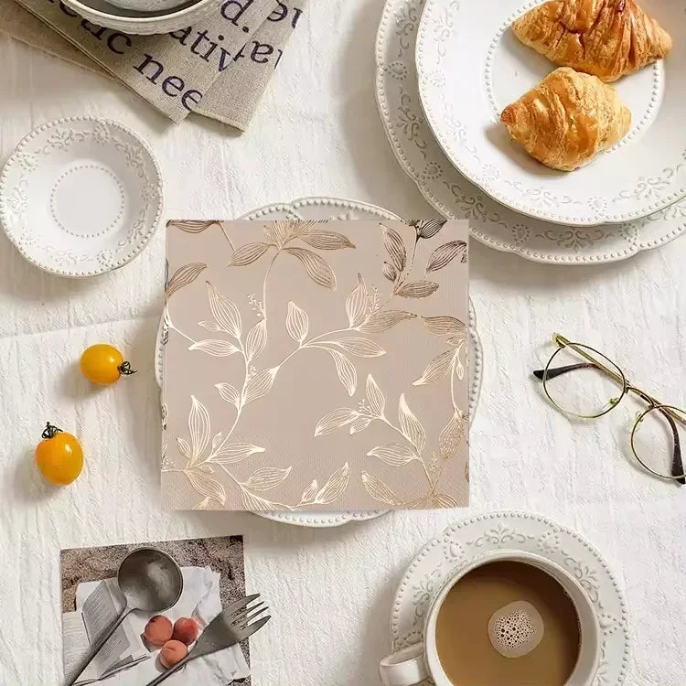Beige Paper Napkins with Gold Foil Leaf Pattern, 40-Pack