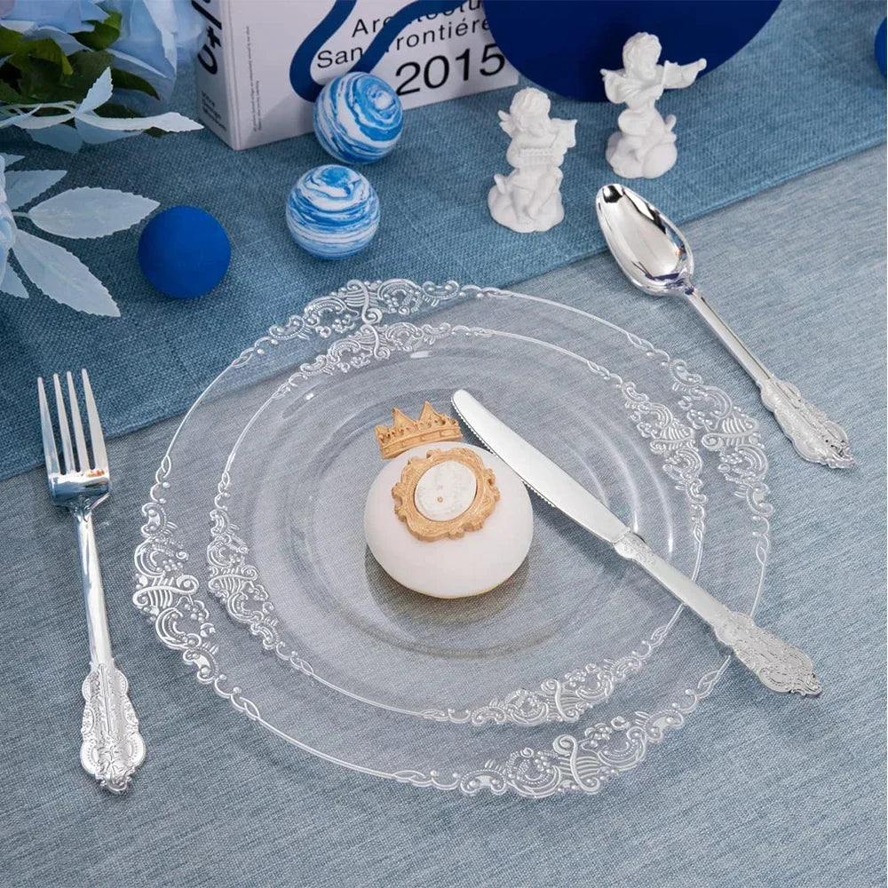 Clear Plastic Dinnerware Set with Metallic Lace Trim, 70 Pieces for 10 Guests