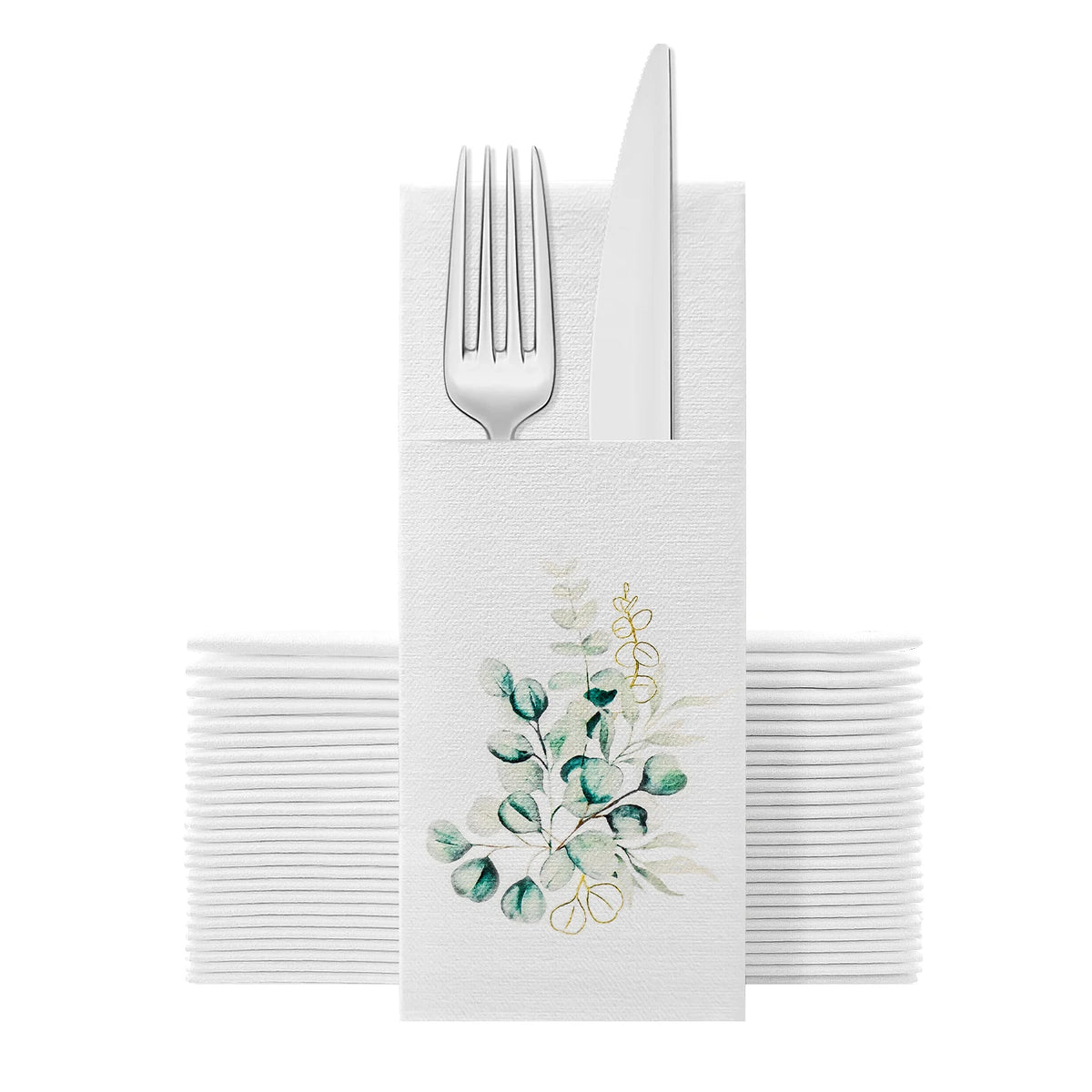 Eucalyptus Print Paper Napkins with Cutlery Pocket, 50-Pack