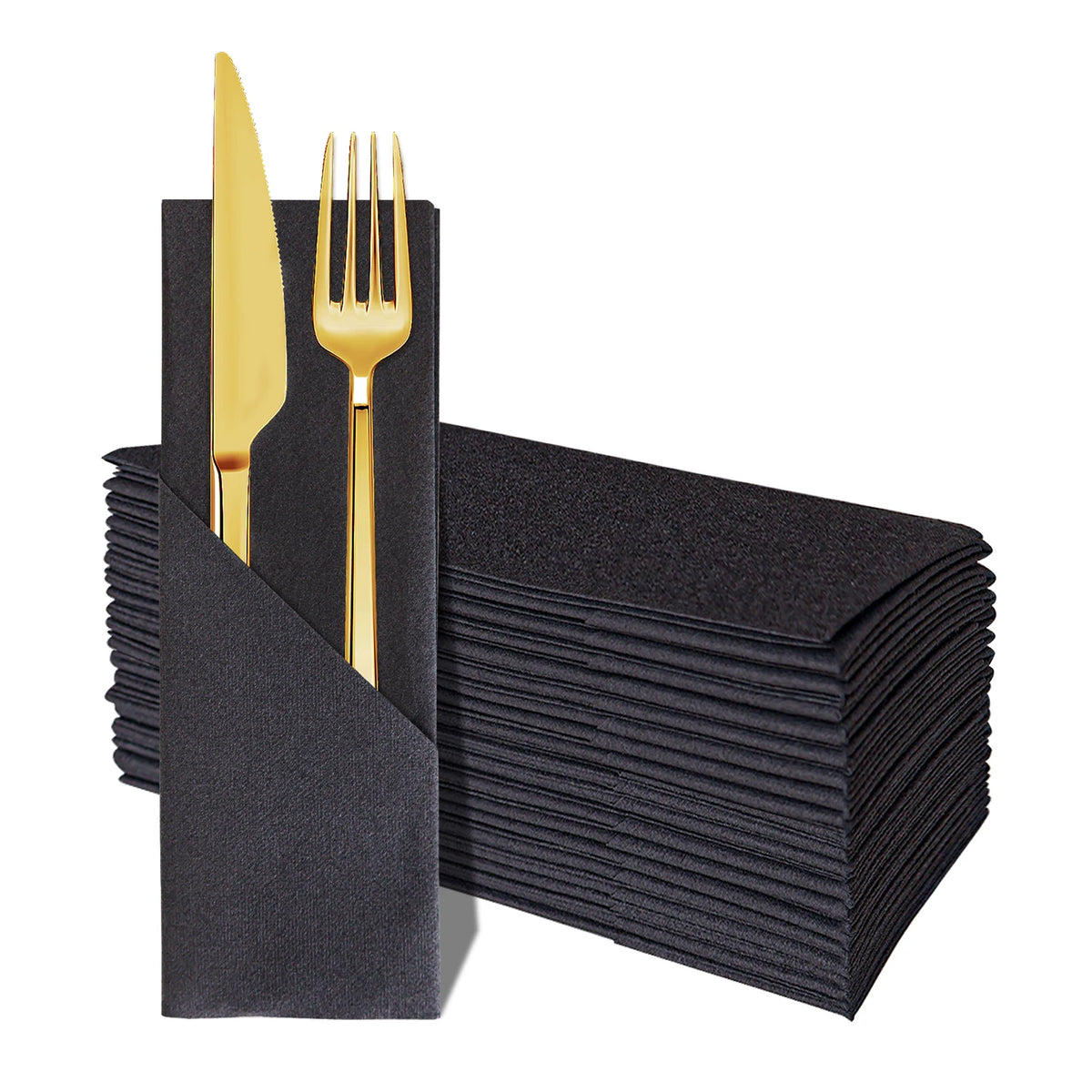 Black Paper Napkins with Diagonal Flatware Pocket, 25 or 50 Pack