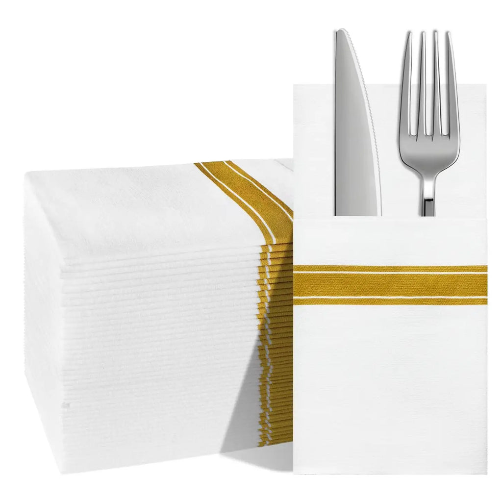 Colour Stripe Paper Napkins with Flatware Pocket, 25-Pack