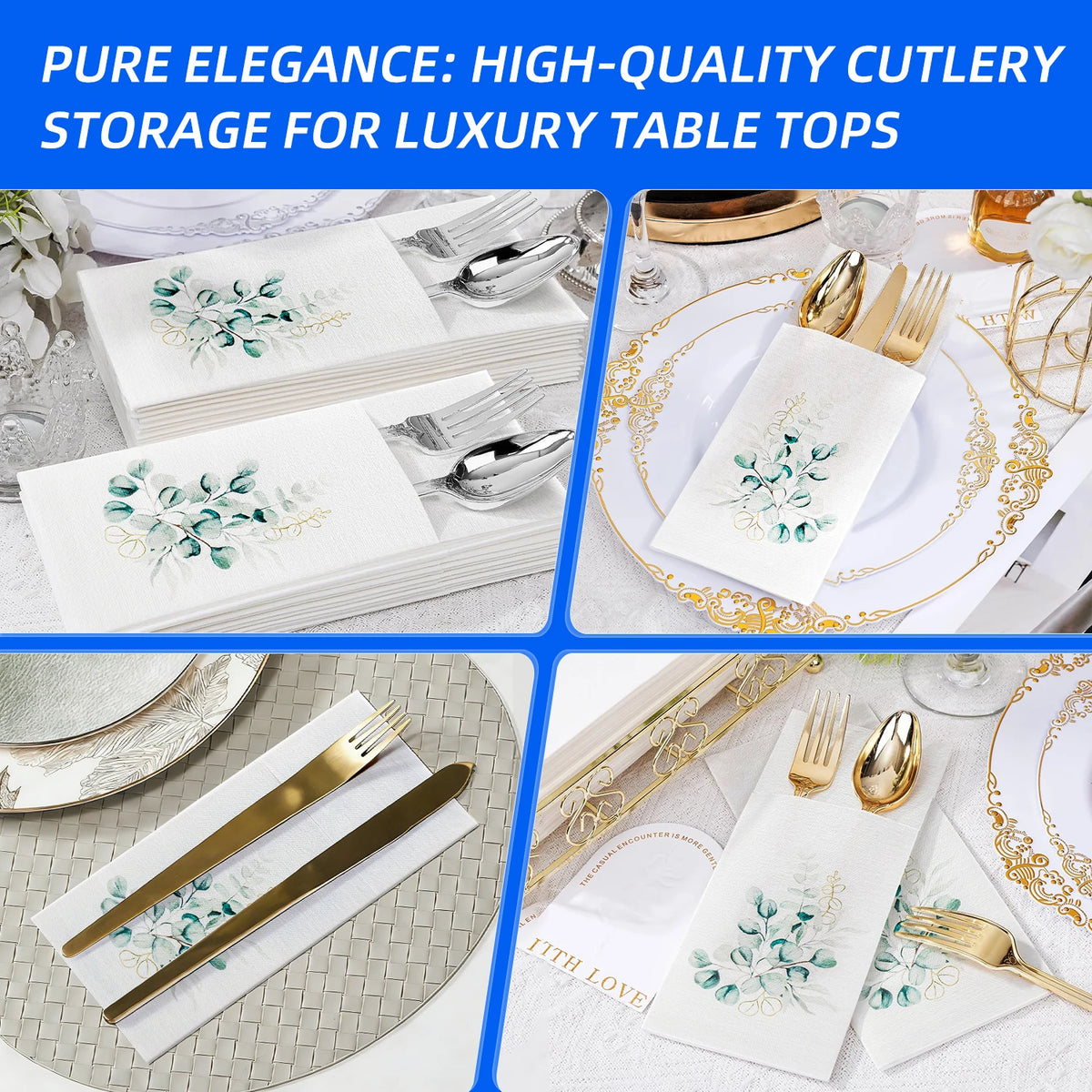 Eucalyptus Print Paper Napkins with Cutlery Pocket, 50-Pack