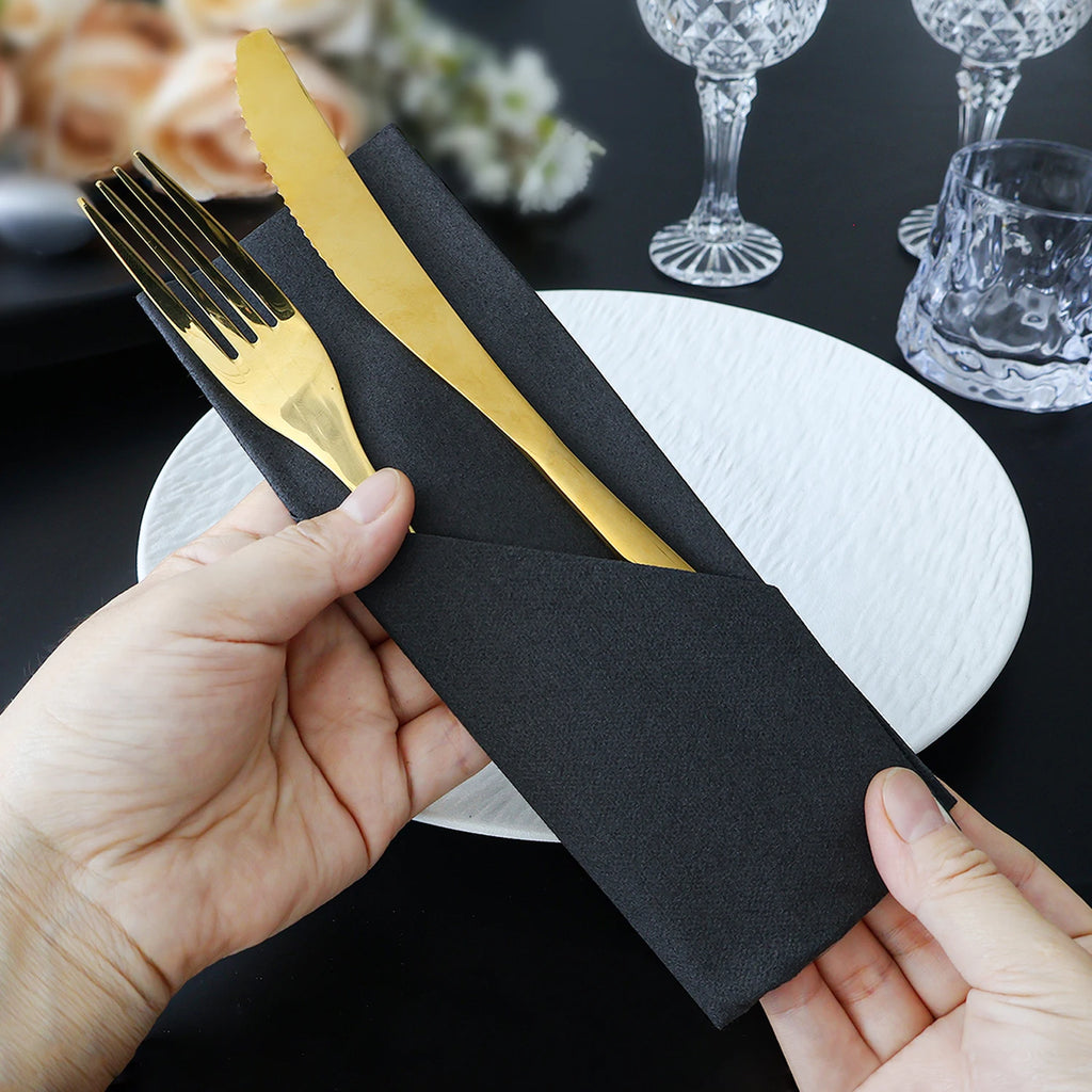 Black Paper Napkins with Diagonal Flatware Pocket, 25 or 50 Pack