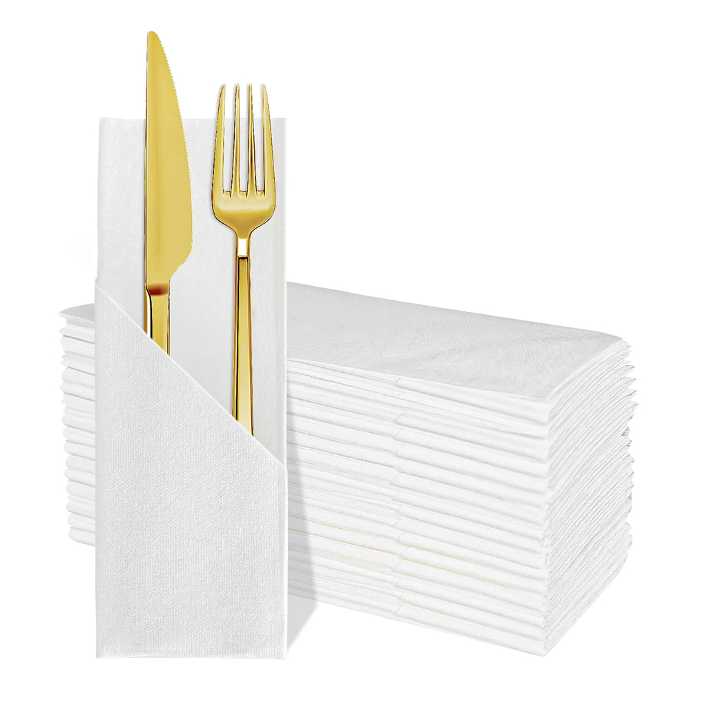 White Paper Napkins with Diagonal Flatware Pocket, 25 or 50 Pack