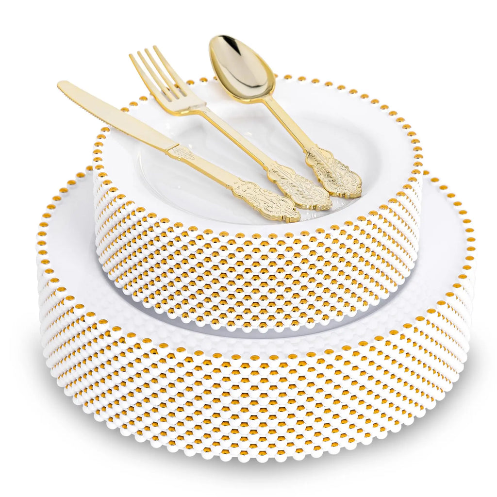 Pearl-Beaded Rim Plastic Dinnerware Set with Cutlery, 75 Pieces for 15 Guests