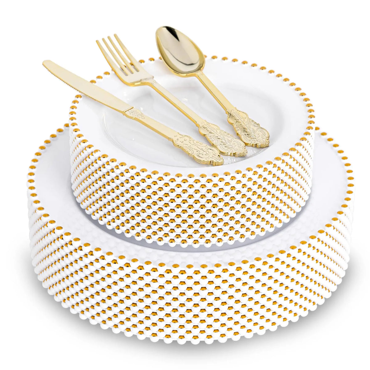 Pearl-Beaded Rim Plastic Dinnerware Set with Cutlery, 75 Pieces for 15 Guests