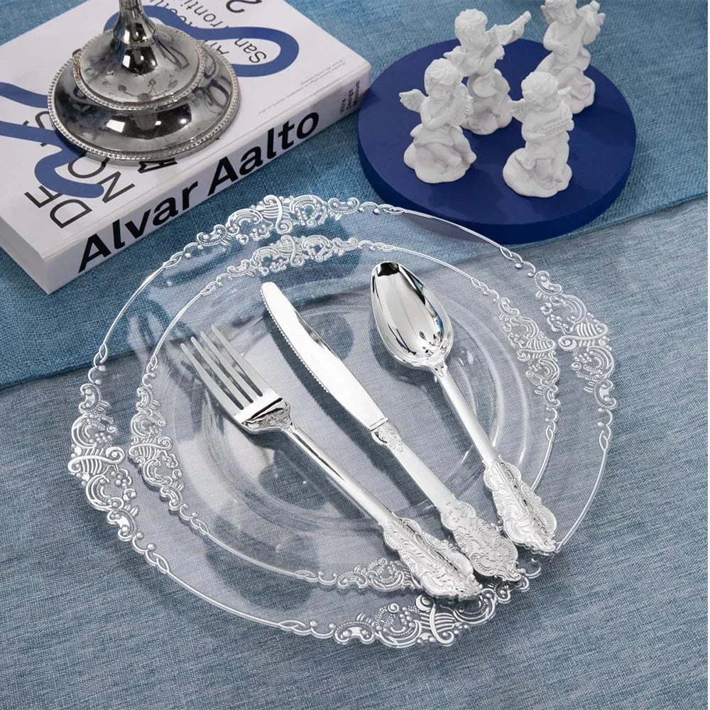 Clear Plastic Dinnerware Set with Metallic Lace Trim, 70 Pieces for 10 Guests