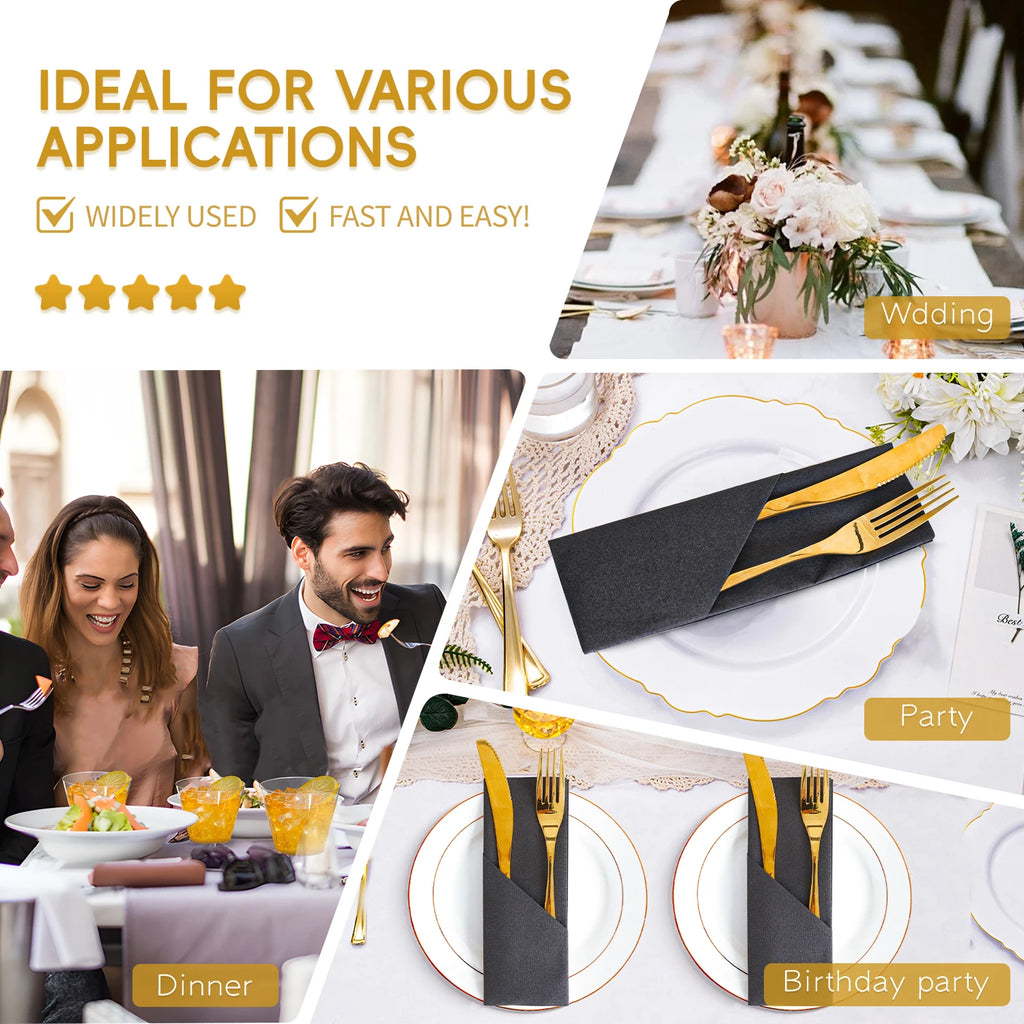 Black Paper Napkins with Diagonal Flatware Pocket, 25 or 50 Pack