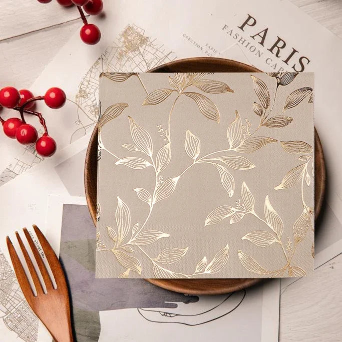 Beige Paper Napkins with Gold Foil Leaf Pattern, 40-Pack