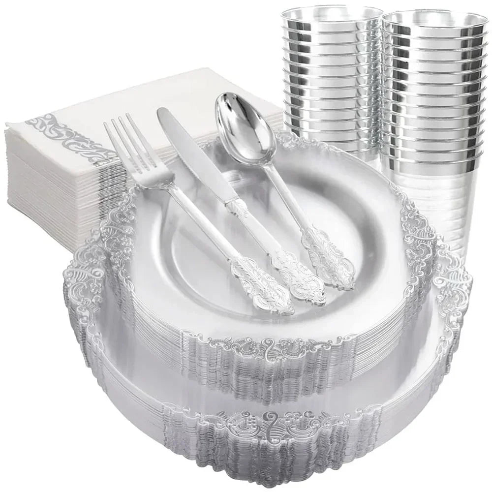 Clear Plastic Dinnerware Set with Metallic Lace Trim, 70 Pieces for 10 Guests