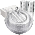 Clear Plastic Dinnerware Set with Metallic Lace Trim, 70 Pieces for 10 Guests