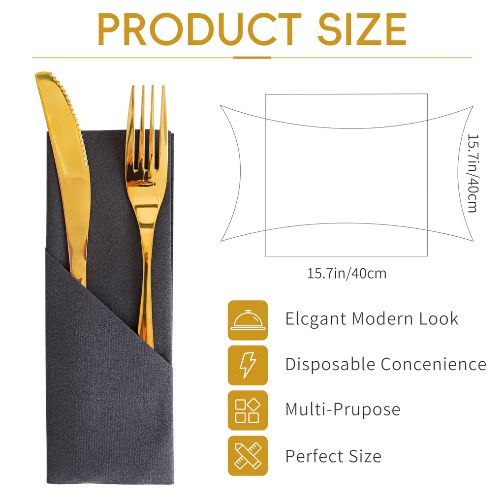 Black Paper Napkins with Diagonal Flatware Pocket, 25 or 50 Pack