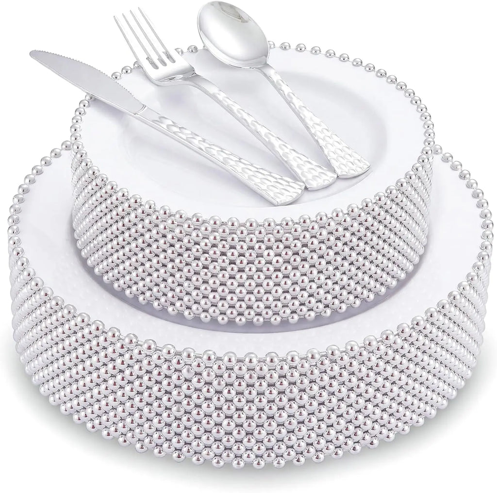 Pearl-Beaded Rim Plastic Dinnerware Set with Cutlery, 75 Pieces for 15 Guests