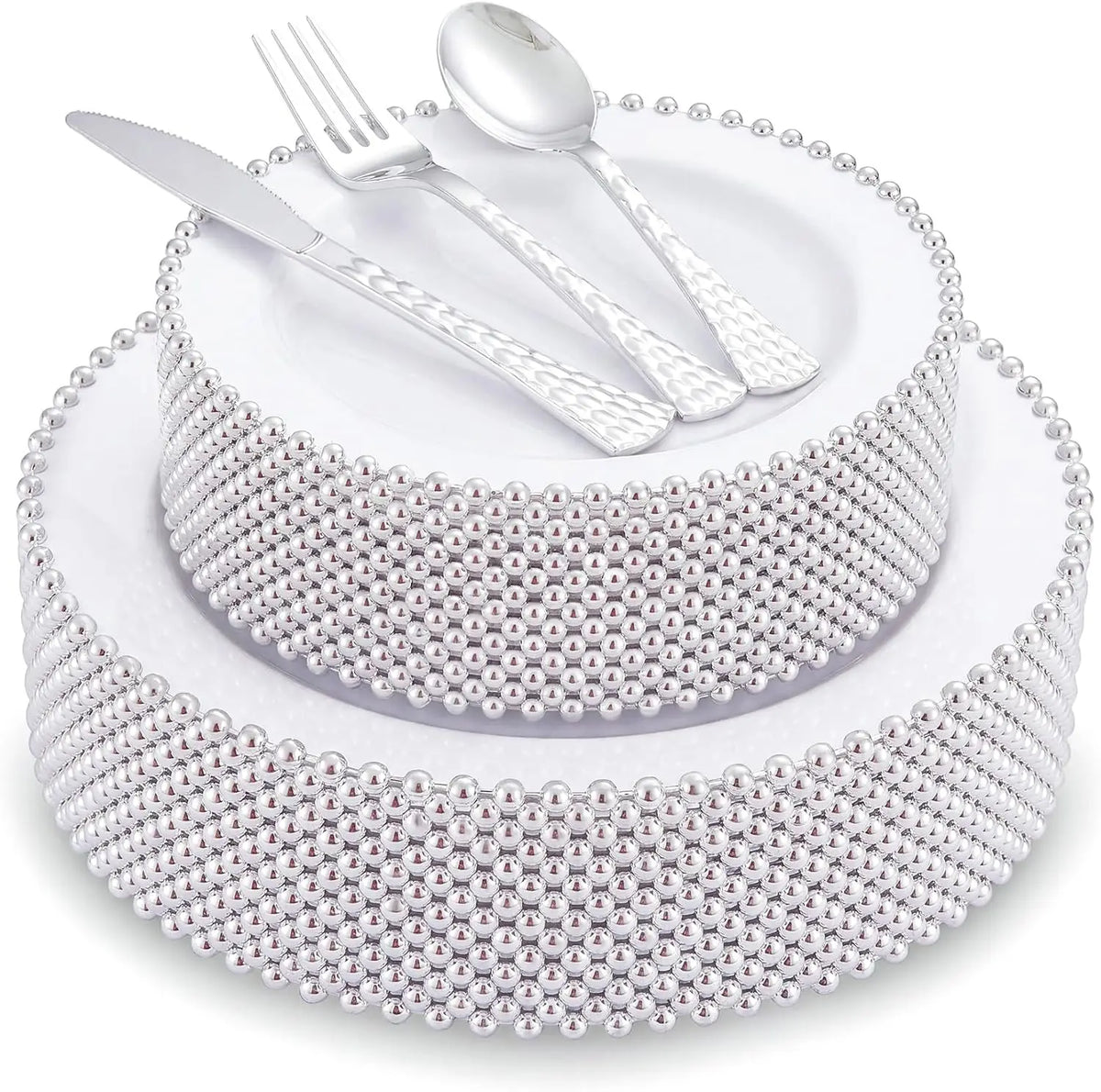 Pearl-Beaded Rim Plastic Dinnerware Set with Cutlery, 75 Pieces for 15 Guests