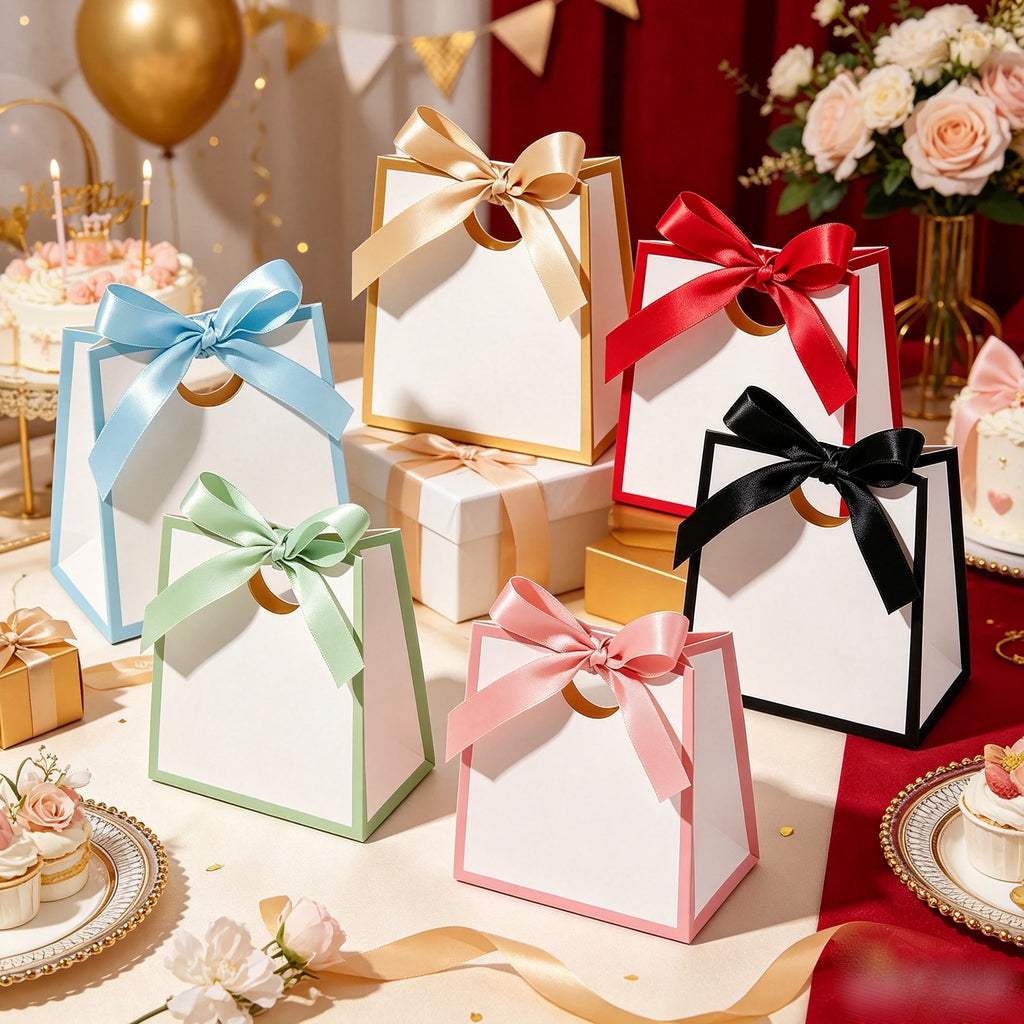 Color-Border Mini Gift Bags with Ribbon Bows, 50-Pack
