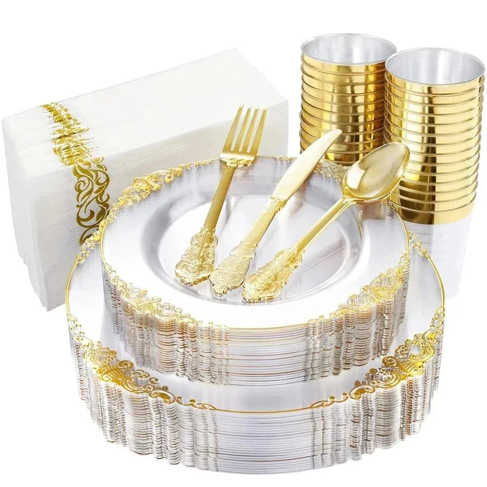 Clear Plastic Dinnerware Set with Metallic Lace Trim, 70 Pieces for 10 Guests