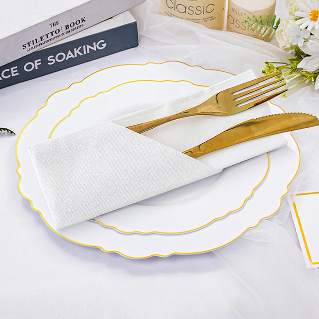 White Paper Napkins with Diagonal Flatware Pocket, 25 or 50 Pack