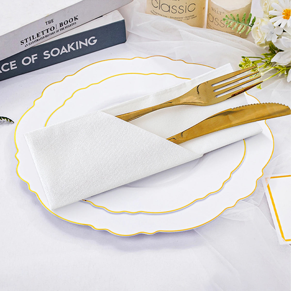 White Paper Napkins with Diagonal Flatware Pocket, 25 or 50 Pack
