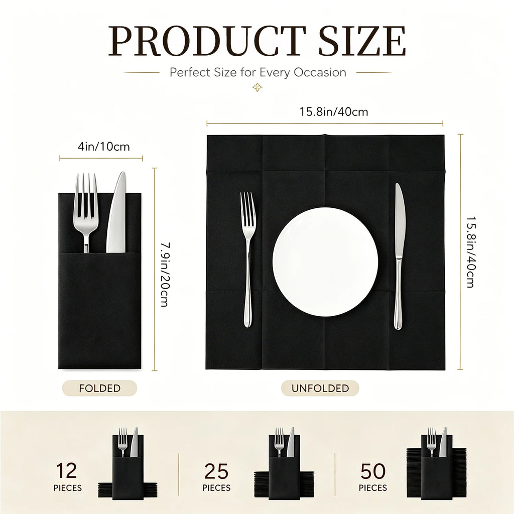 Solid Colour Paper Napkins with Flatware Pocket, 25-Pack