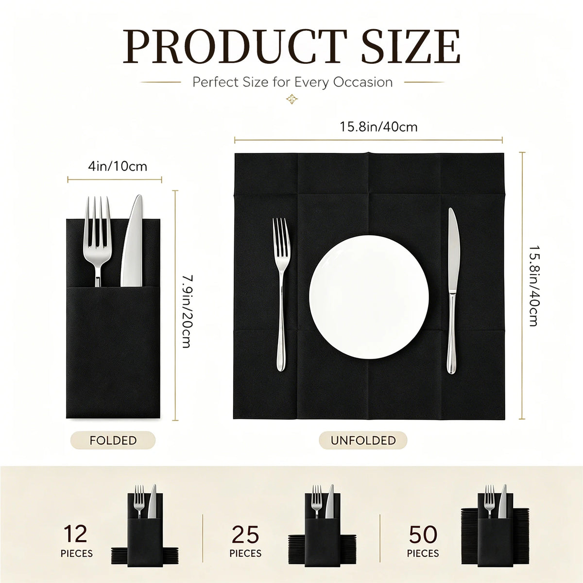 Solid Colour Paper Napkins with Flatware Pocket, 25-Pack
