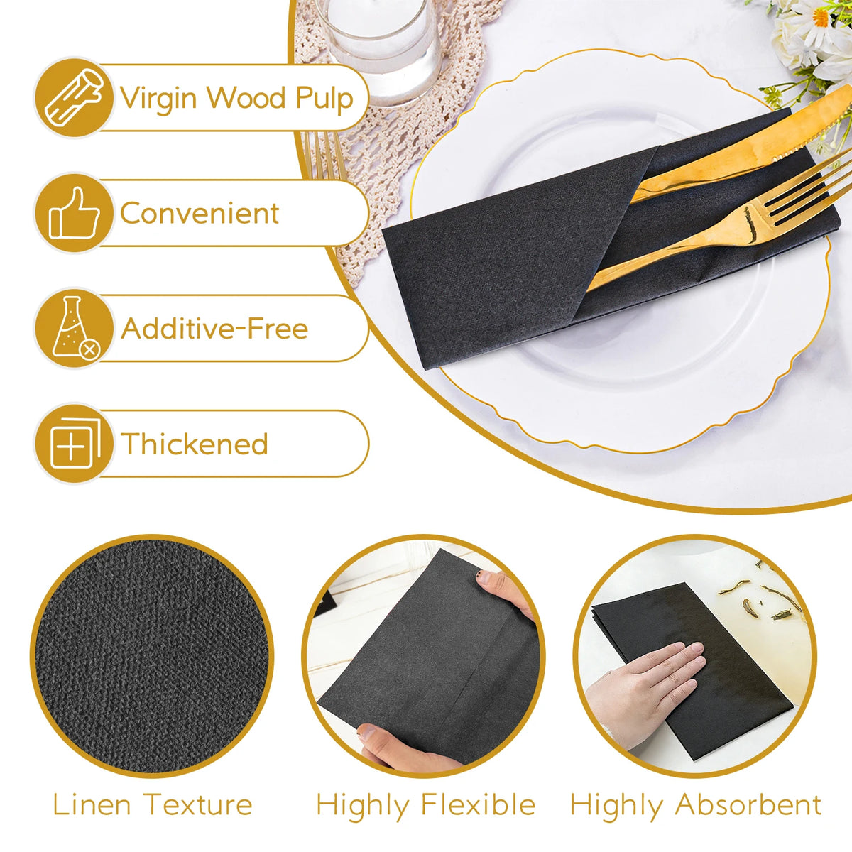Black Paper Napkins with Diagonal Flatware Pocket, 25 or 50 Pack