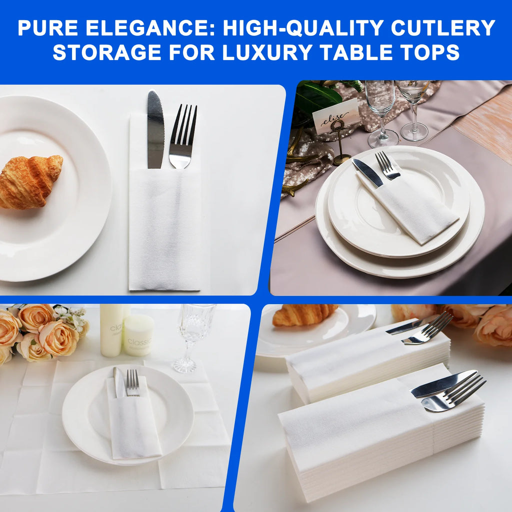 White Paper Napkins with Flatware Pocket, 13 x 15.75 in, 100-Pack