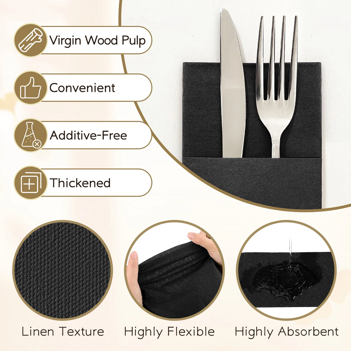 Solid Colour Paper Napkins with Flatware Pocket, 25-Pack