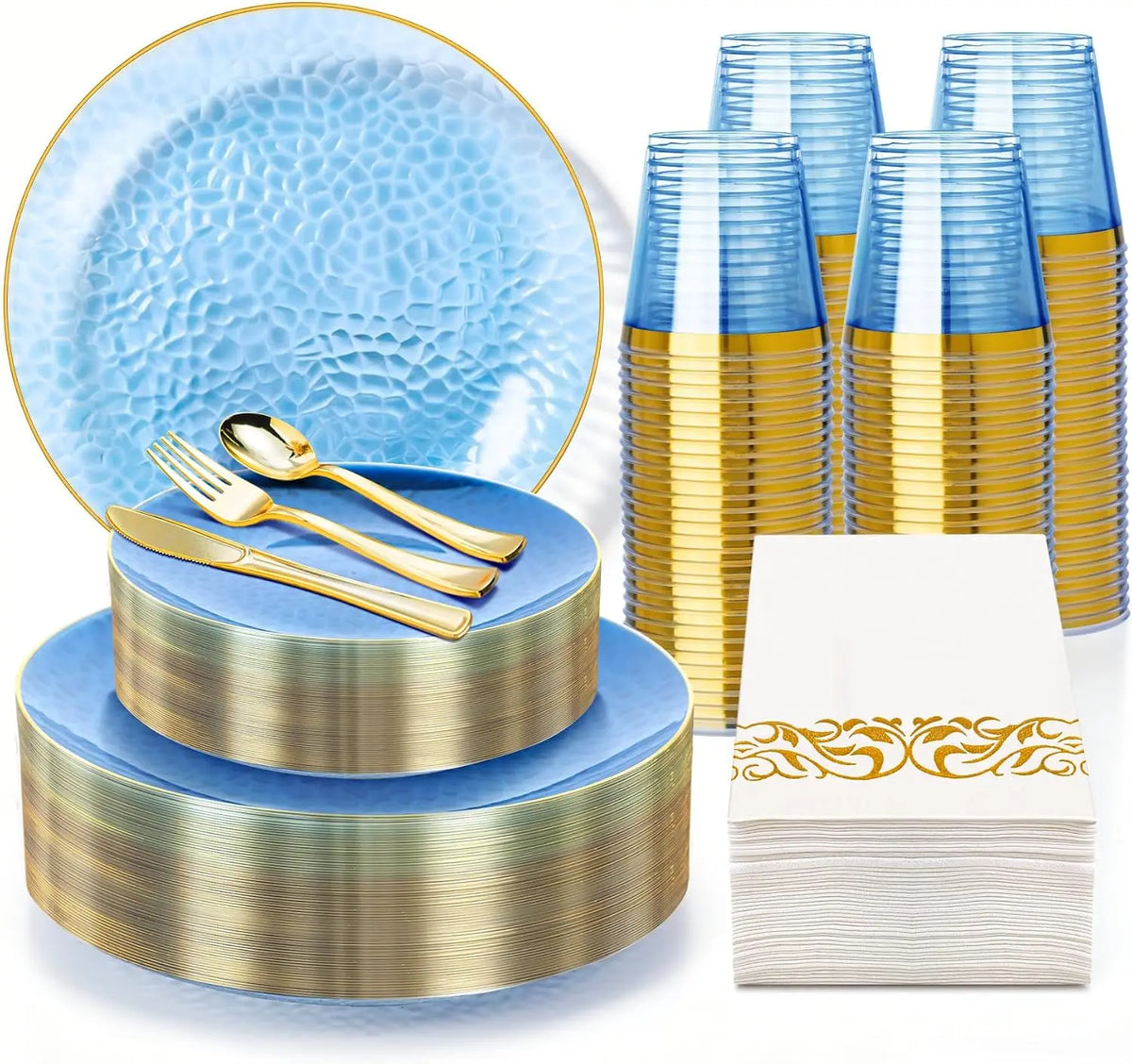Blue & Gold Plastic Dinnerware Set, 350 Pieces for 50 Guests