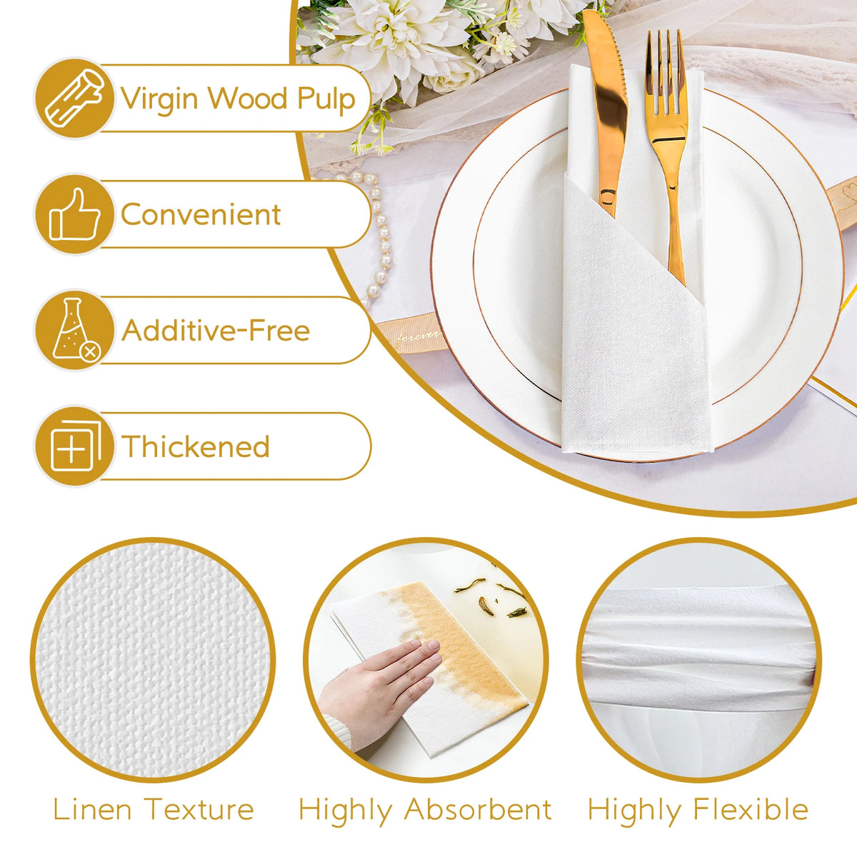 White Paper Napkins with Diagonal Flatware Pocket, 25 or 50 Pack