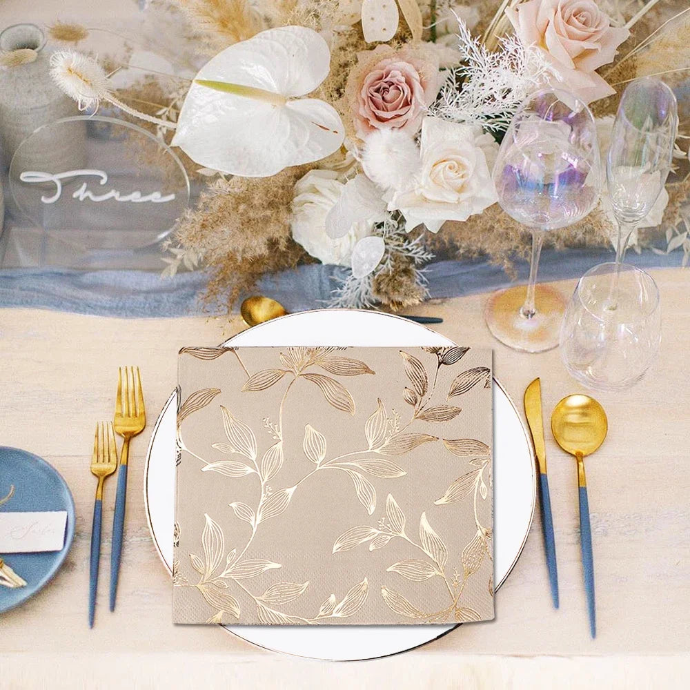 Beige Paper Napkins with Gold Foil Leaf Pattern, 40-Pack