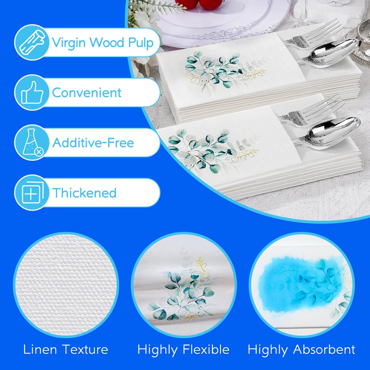 Eucalyptus Print Paper Napkins with Cutlery Pocket, 50-Pack