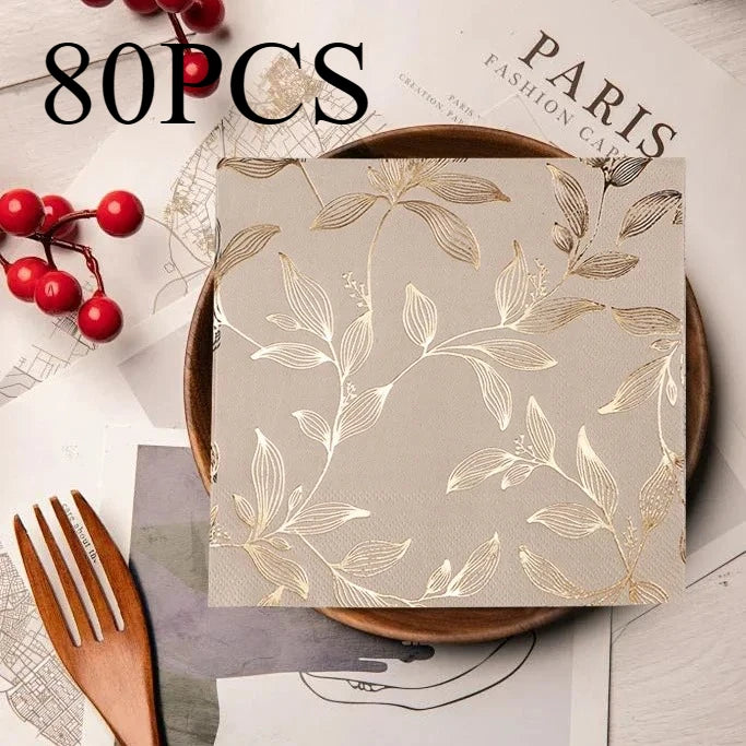 Beige Paper Napkins with Gold Foil Leaf Pattern, 40-Pack