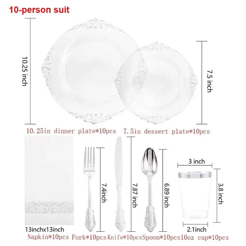 Clear Plastic Dinnerware Set with Metallic Lace Trim, 70 Pieces for 10 Guests