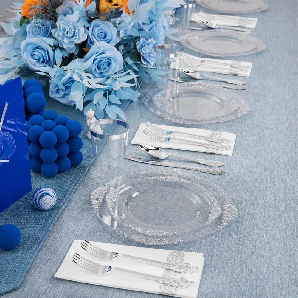 Clear Plastic Dinnerware Set with Metallic Lace Trim, 70 Pieces for 10 Guests