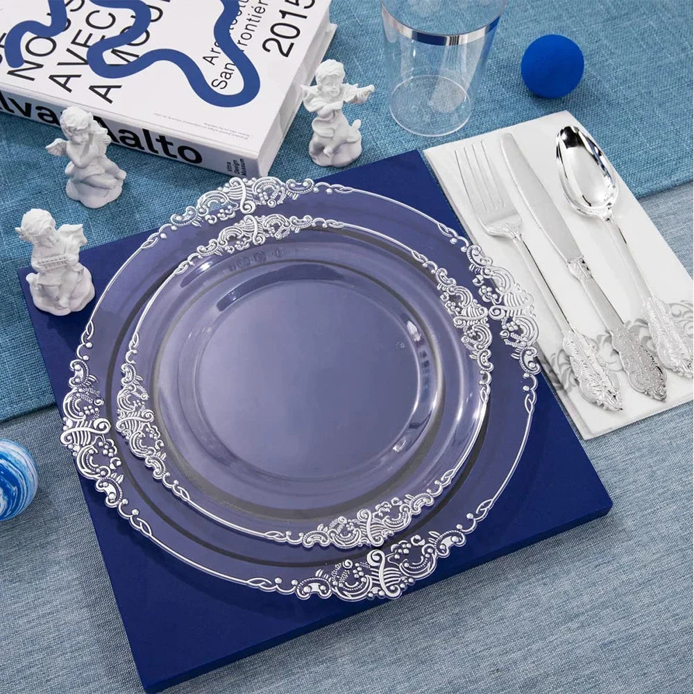 Clear Plastic Dinnerware Set with Metallic Lace Trim, 70 Pieces for 10 Guests