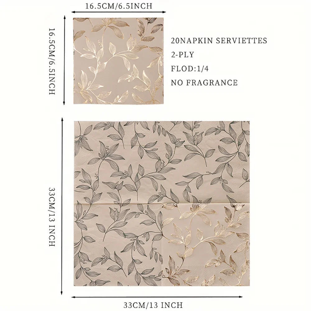 Beige Paper Napkins with Gold Foil Leaf Pattern, 40-Pack