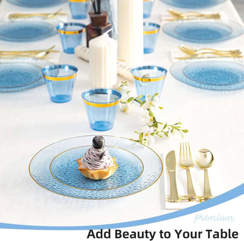 Blue & Gold Plastic Dinnerware Set, 350 Pieces for 50 Guests