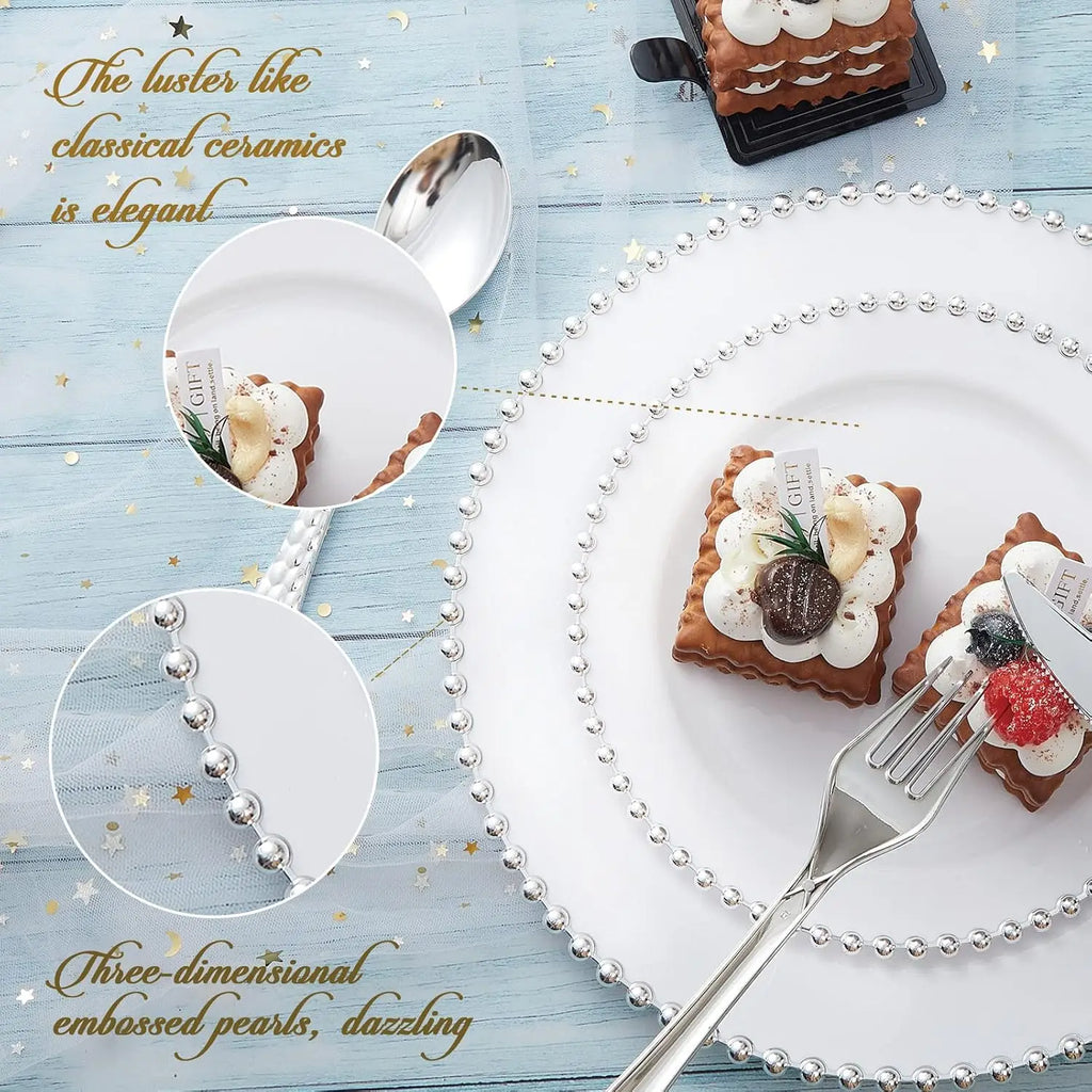 Pearl-Beaded Rim Plastic Dinnerware Set with Cutlery, 75 Pieces for 15 Guests