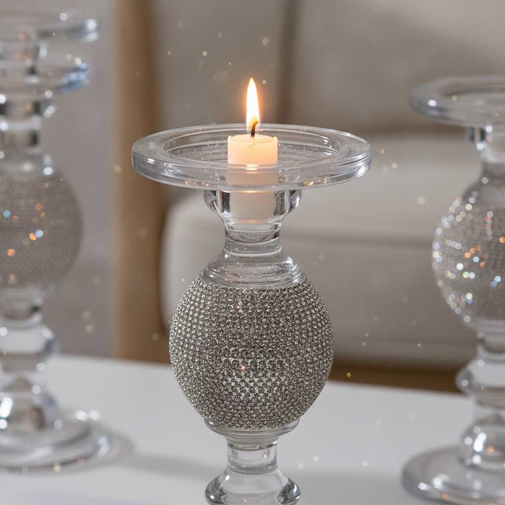 Detail of the flared clear pressed-glass candle dish with a lit candle glowing through the glass