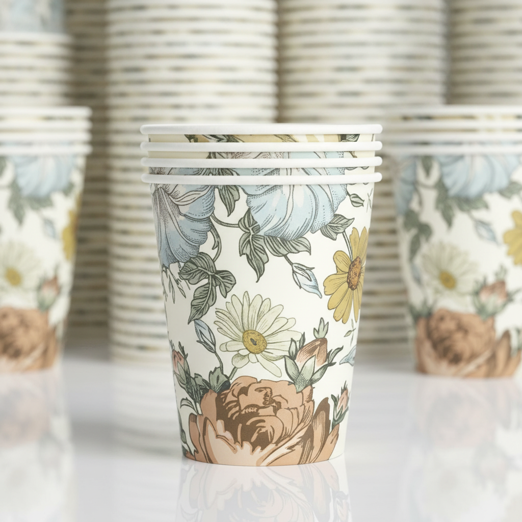 Stack of vintage wildflower disposable paper cups detail